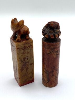 Vintage Chinese Pair of Carved Stone Seal Stamps Hand Carved Soapstone